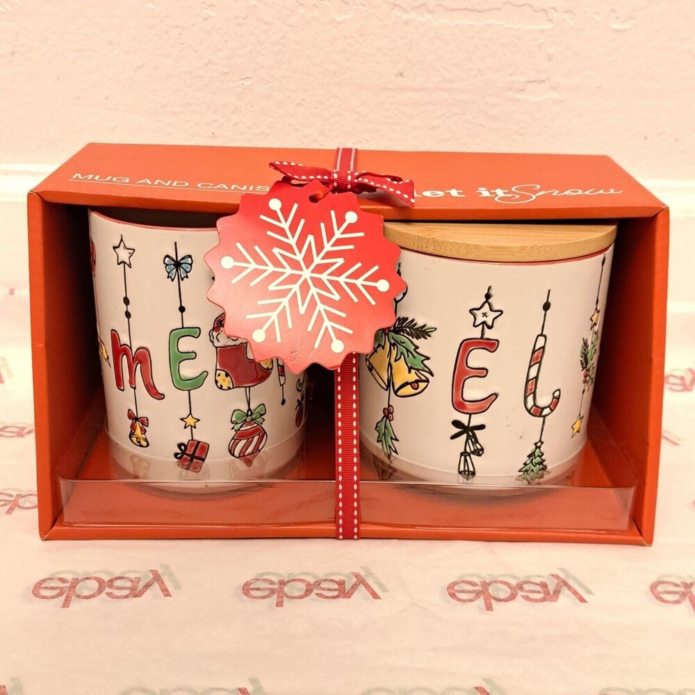 NEW Holiday Collection Mug and Canister with Lid Set Let it Snow